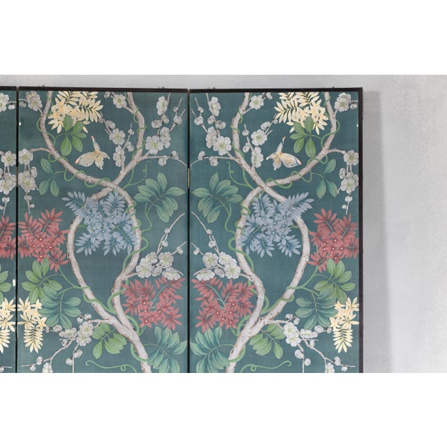 Green Botanical Hand-Painted Room Divider with Vibrant Flowers and Vines, Vintage For Sale - Image 8 of 12