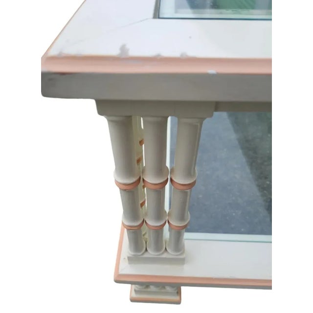 1970s Vintage Thomasville Style Square Faux Bamboo Off White Pink Triple Leg Glass Top Coffee Table For Sale - Image 5 of 10