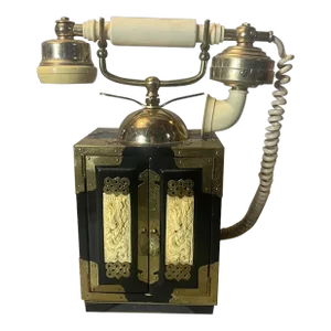 Vintage Retro Chinoiserie Inspired Rotary Desk Cabinet Base Telephone