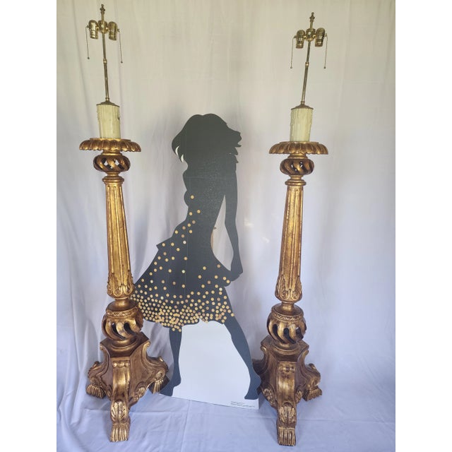 1940s Wood Carved Gold Leafed Large Candle Holder Floor Lamps - a Pair For Sale In New York - Image 6 of 8