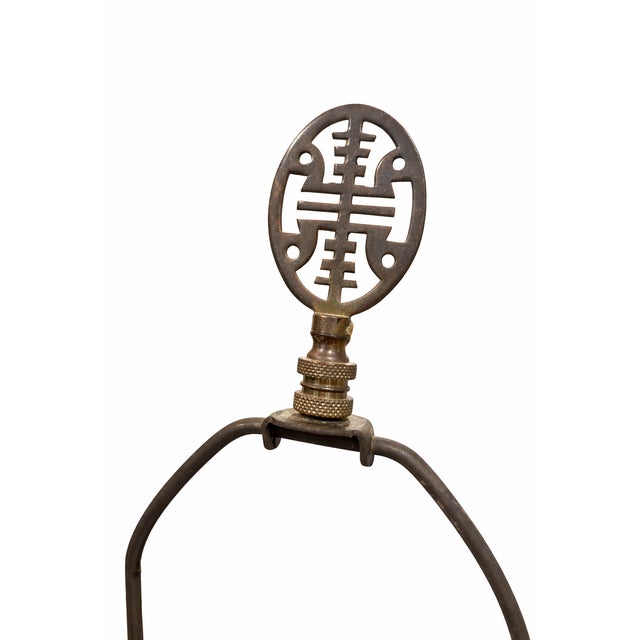 Vintage Chinoiserie Hand-Painted Floral Porcelain Table Lamp With Original Finial & Brass Base For Sale - Image 4 of 10