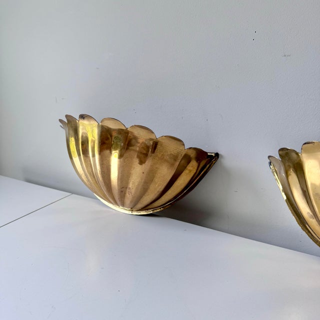 Metal Scalloped Brass Lotus Petal Wall Pocket; A Pair For Sale - Image 7 of 9