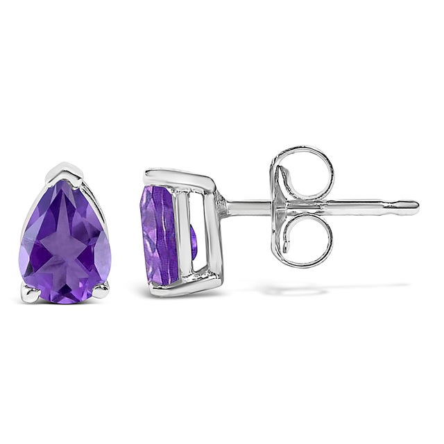 Contemporary 14K White Gold 6x4MM Pear Shaped Purple Amethyst Solitaire Stud Earrings For Sale - Image 3 of 5