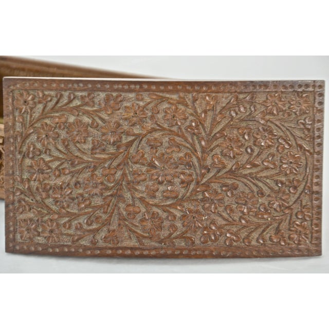 Large and substantial domed Shesham wood box with hand-carved textural floral patterns on all sides and felt interior,...
