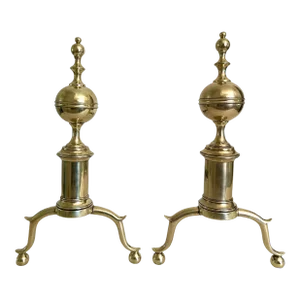 Signed Pair of Early 19th Century Federal Period Brass Andirons by Richard Whittingham