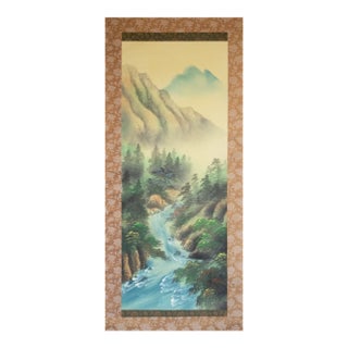 "Summer Landscape With River", Late Meiji to Taisho Era Silk Scroll Painting For Sale