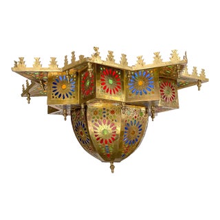 Moroccan Boho Chic Brass and Multi-Color Glass Chandelier or Lantern For Sale