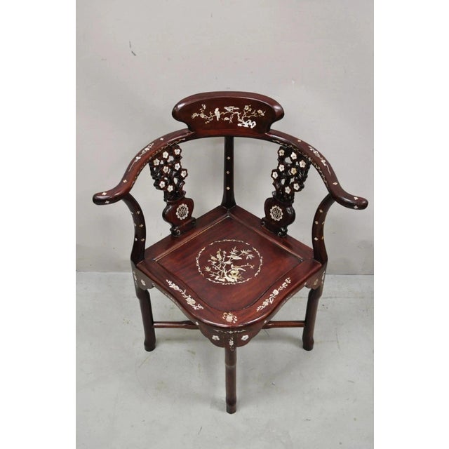 Vintage Chinese Carved Hardwood Corner Lounge Chair With Mother of Pearl Inlay For Sale - Image 4 of 10