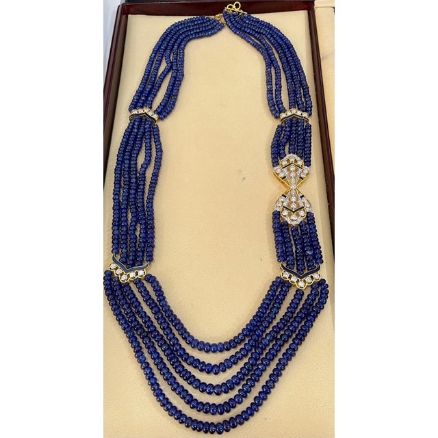 1000 Ct Natural Tanzanite Bead Five Strand Necklace + 4.5 Ct Diamond 14 K Y Gold For Sale In New York - Image 6 of 18