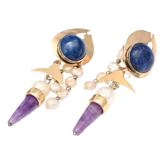 Sterling Silver Artisan Gemstone Dangle Earrings, 2 Pieces For Sale