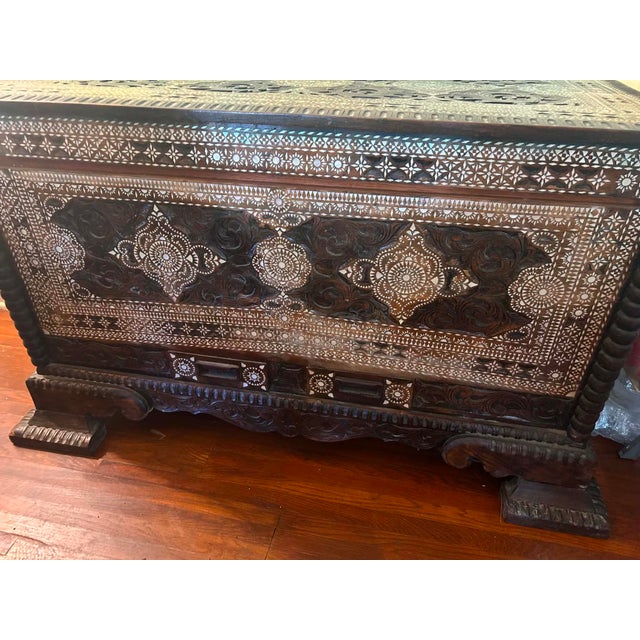 Vintage Mother-of-Pearl Inlay Carved Wood Chest For Sale - Image 4 of 5
