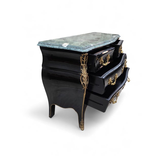 Stone Vintage French Louis XV Style Black Lacquer Bombe Commode For Sale - Image 7 of 7