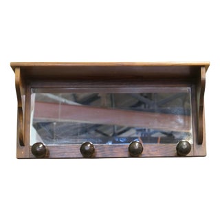 French Dark Pine Wall Mirror with Shelf and Coat Hooks, 1960 For Sale