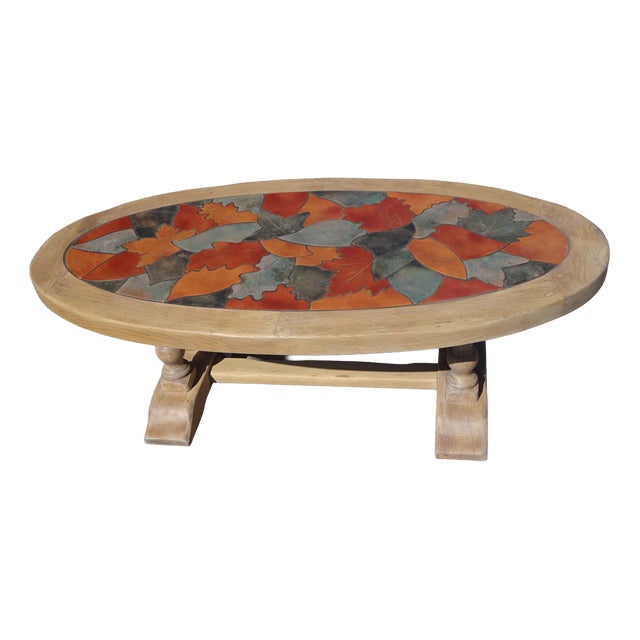Vintage Coffee Table in Oak and Ceramic by Barrois for Vallauris, 1950s For Sale