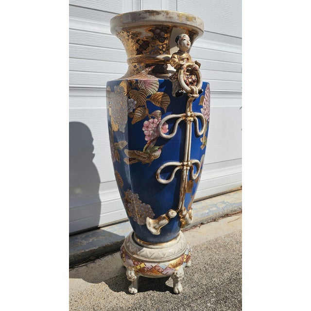 Late 19th Century Antique Pair of Japanese Satsuma Ware Large Floor Vases W Stands For Sale - Image 5 of 11