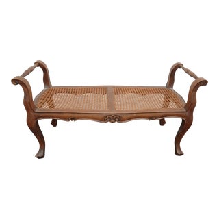 Italian Vintage French Country Brown Cane Bench With Rolled Arms Made in Italy For Sale