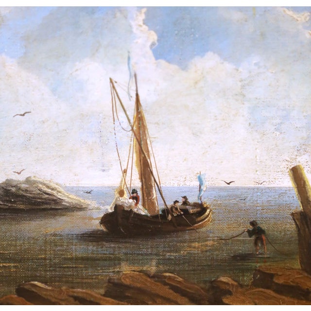 Late 19th Century 19th Century French Coastal Marine Oil Painting of Fishing Boats in Gilt Frame For Sale - Image 5 of 11