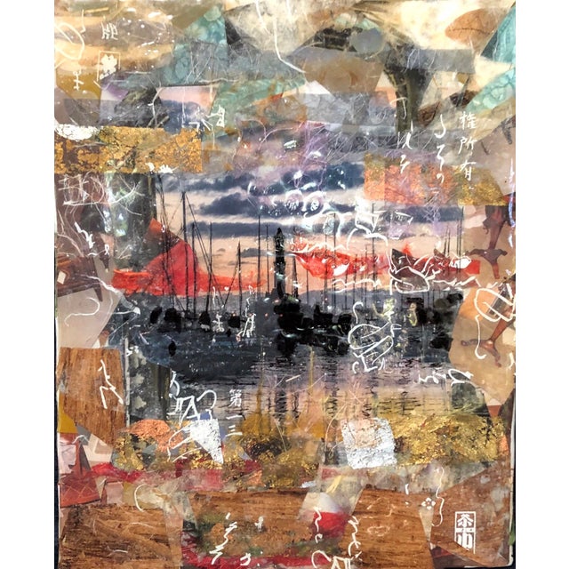 This mixed media artwork captures the essence of a harbor at sunset, with vibrant hues of orange and purple reflecting off...