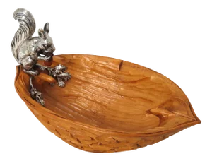 Vintage Black Forest Germany Carved Wood 800 Grade Coin Silver Squirrel Unshelled Nuts Bowl - 11 Inches Long