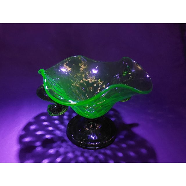 Green Vintage Fenton Dolphin Green Uranium Glass Two Handled Crimped Bowl For Sale - Image 8 of 11