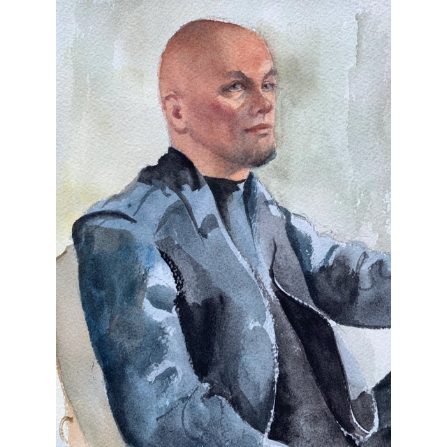 1980s Original Watercolor of Reclining Man in Leather For Sale - Image 4 of 6
