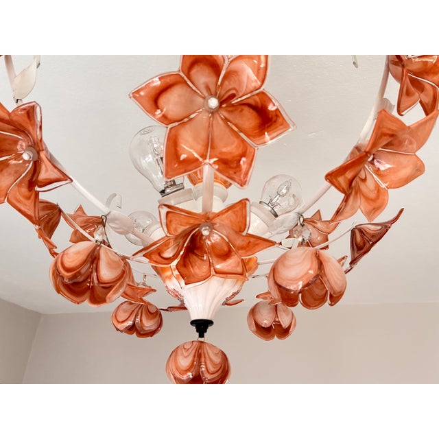 Vintage Italian Murano Style Amber Brown Floral Chandelier - Porcelain Body With Crystal Teardrops For Sale - Image 14 of 18