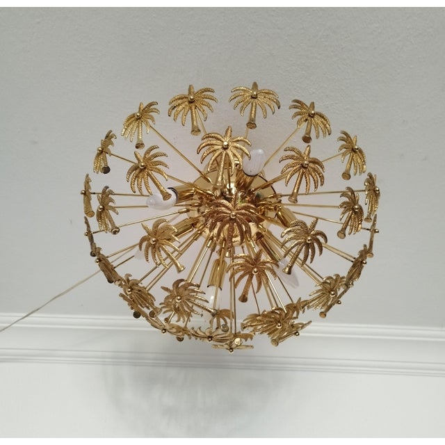 Art Deco Vintage Solid Brass Palm Leaf Statement Chandelier Flush Mount Lighting Ceiling Light For Sale - Image 3 of 12