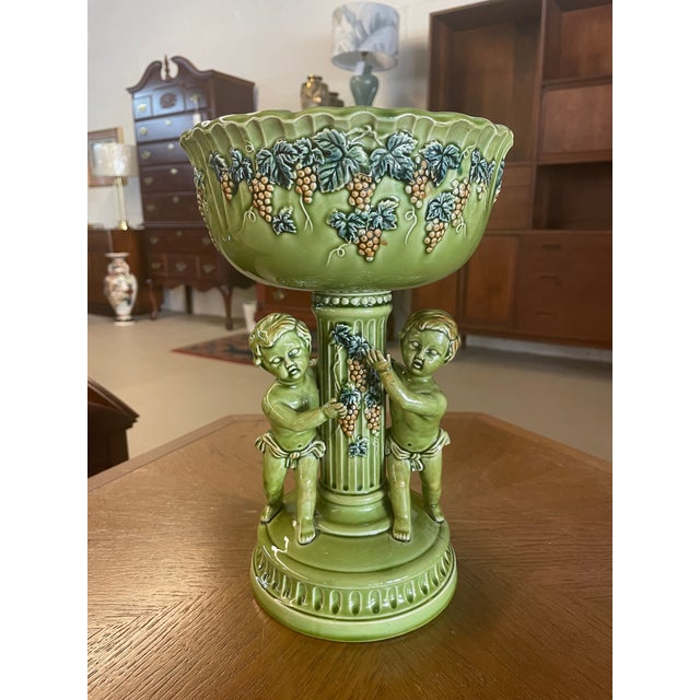 Traditional Vintage 1950s Green Ceramic Pedestal Bowl With Cherubs by Fenton For Sale - Image 3 of 8
