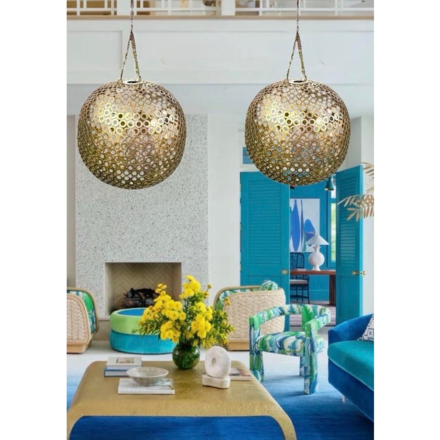Gold-Tone Metal Spheres, 15” Decorative Pair for Hanging or Stacking For Sale - Image 11 of 11