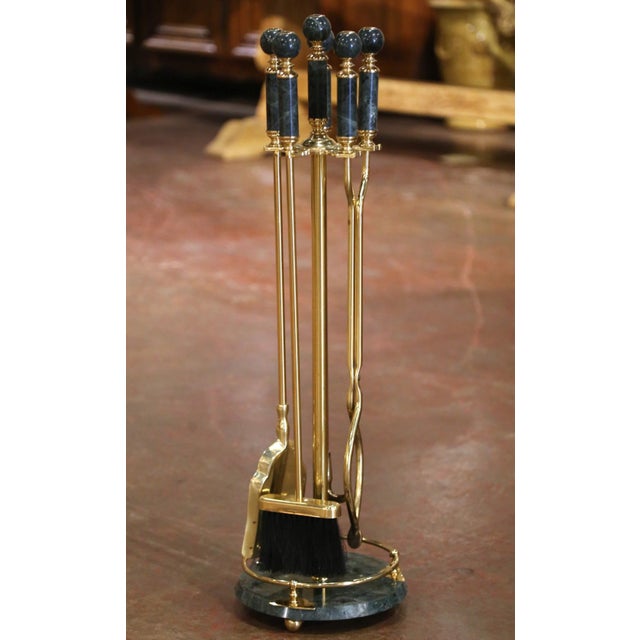 Stone Mid-Century French Brass and Green Marble Five-Piece Fireplace Tool Set For Sale - Image 7 of 9