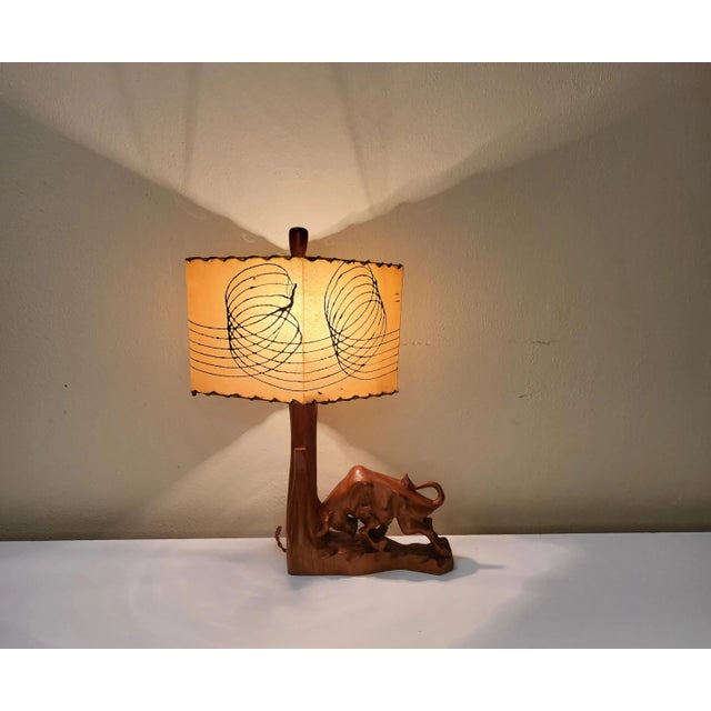 Shabby Chic Vintage Hand Carved Wooden Bull With Fiber Glass Spun Diamond Shade. For Sale - Image 3 of 8