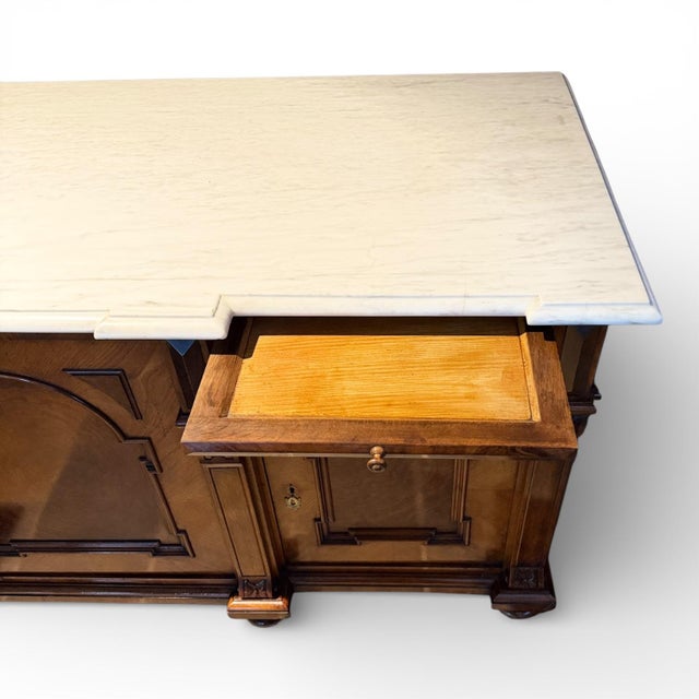 Antique Italian Walnut & Burl Wood Credenza With Carrera Marble Top For Sale - Image 11 of 17