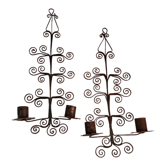 Pair of 1950s Hand-Crafted Metal Wall Candle Sconces For Sale