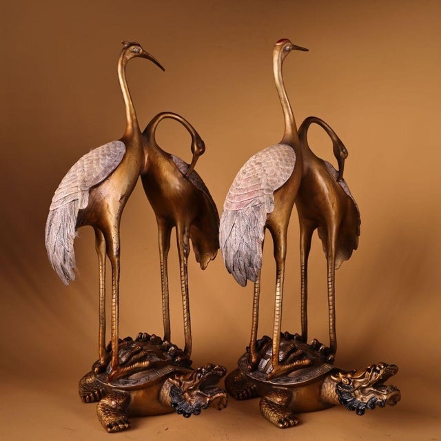 Metal 1980s Pair of Gilt & Silvered Bronze Tortoise Crane Longevity Statues For Sale - Image 7 of 10