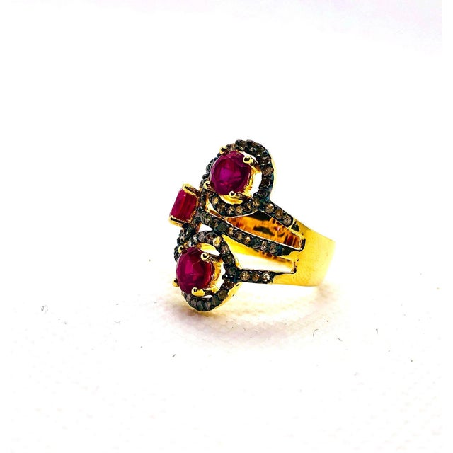 Gemstone Bochic “Orient” Vintage Ruby & Diamond Cluster Ring 18K Gold & Silver For Sale - Image 7 of 9