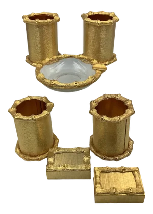 Vintage Mid Century Hollywood Regency Gold Bamboo Motif Brass Smoking Set - Set of 7