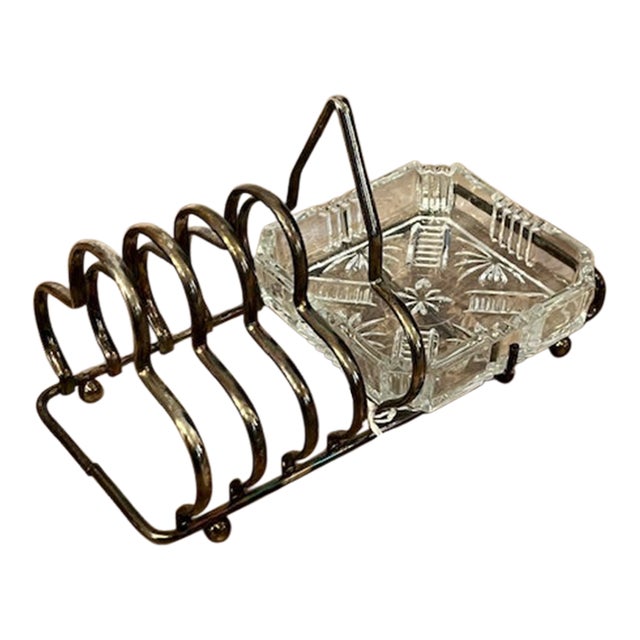 Vintage Silver Plate Toast Rack With Glass Butter Dish For Sale