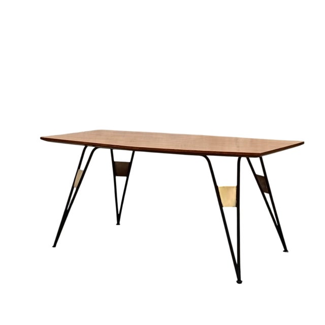Mid-Century Modern Wooden Coffee Table with Contoured Top, Black Metal Frame, and Brass Accents attributed to Isa Bergamo, Italy, 1950s For Sale - Image 3 of 8