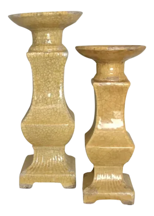 Cracked Finish Yellow Ceramic Faux Aged Look Two Level Candleholders - a Pair