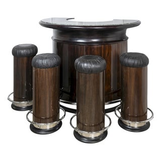 Vintage Walnut and Green Marble Bar with Stools, 1970s, Set of 5 For Sale