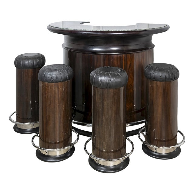 Vintage Walnut and Green Marble Bar with Stools, 1970s, Set of 5 For Sale