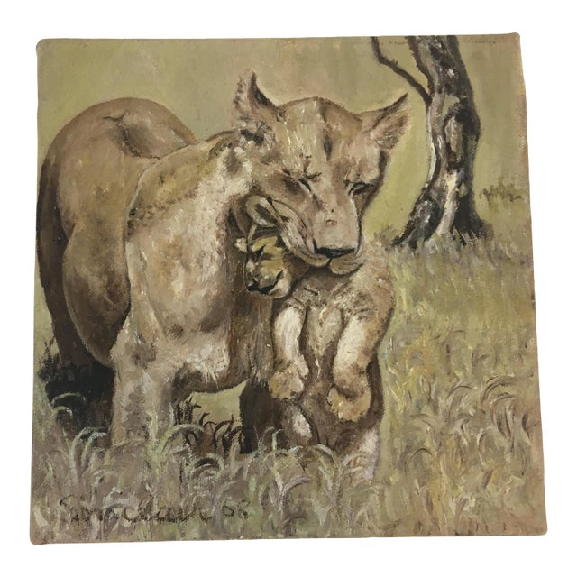 Vintage Lion Oil on Canvas Painting For Sale