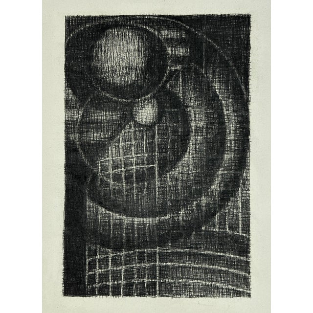 Vintage Abstract Postmodernist Charcoal on Paper, Matted. Charcoal sketch on grey deckled edge paper. Black archival matte...