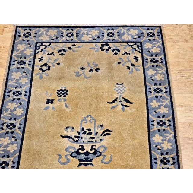 Blue Vintage Chinese Art Deco Rug, Hand-Knotted Wool, Tan & Blue, 1900s For Sale - Image 8 of 12