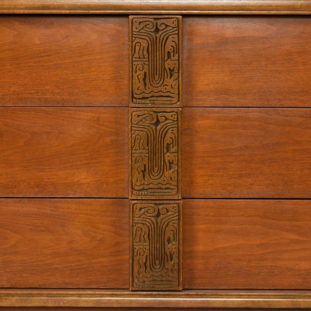 Wood Bassett Aztec Mid-Century Modern Highboy Dresser Mayan Walnut For Sale - Image 7 of 13