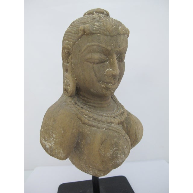 Sand Apsara Celestial Deity Carved Stone India Hindu Bust Sculpture Statue on Stand For Sale - Image 8 of 12