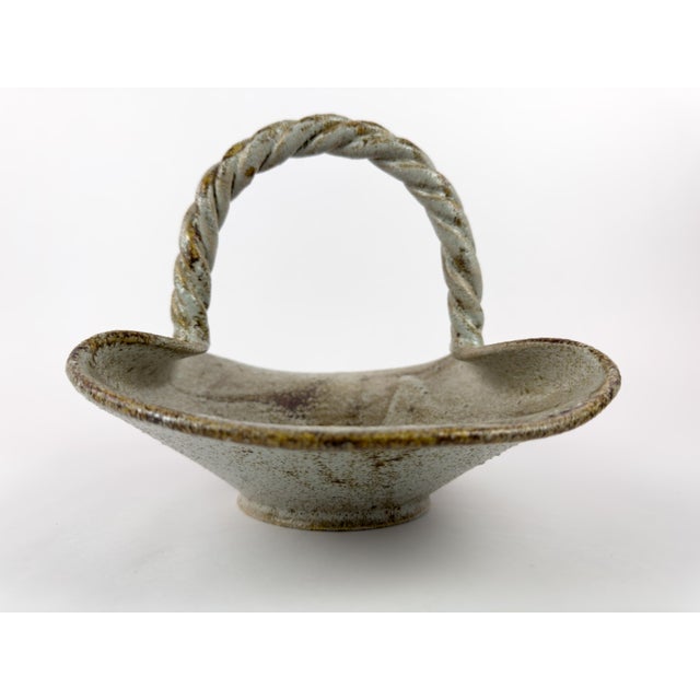 Beige Vintage Accolay Stoneware Basket With Twisted Handle, France, 1960s For Sale - Image 8 of 16