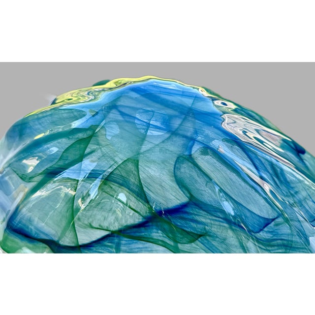 Murano Green and Blue Scalloped Large Glass Statement Bowl For Sale - Image 10 of 10