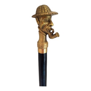 Antique Black Wooden Folding Walking Stick Cane With Sherlock Holmes Head Handle For Sale