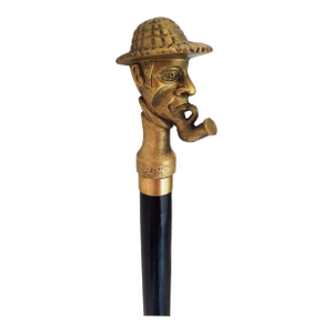 Antique Black Wooden Folding Walking Stick Cane With Sherlock Holmes Head Handle